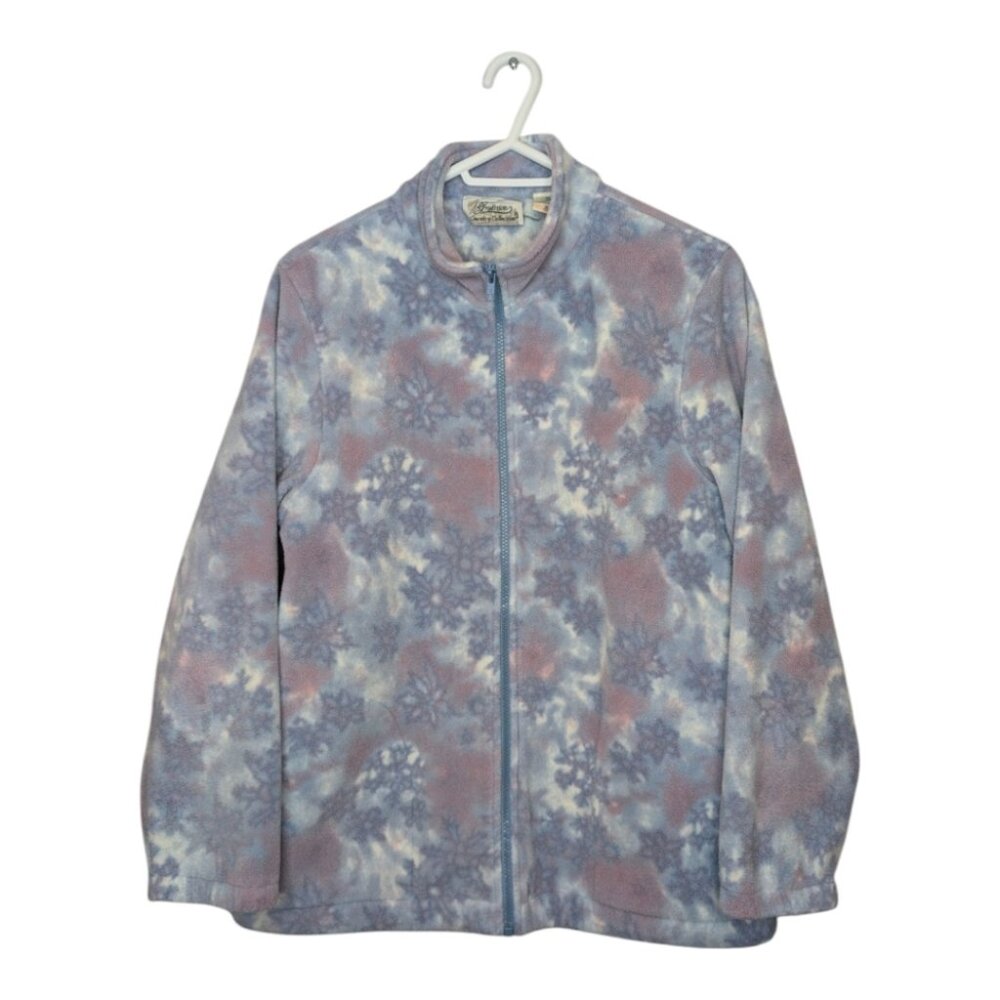 Tradition Country Blue Pink White Snow Fleece Grandma Zip Up Sweater Medium